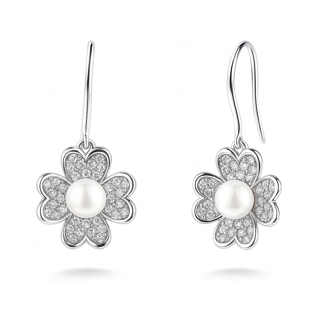 Clover Imitation Pearl Fish Hook Earrings in Sterling Silver