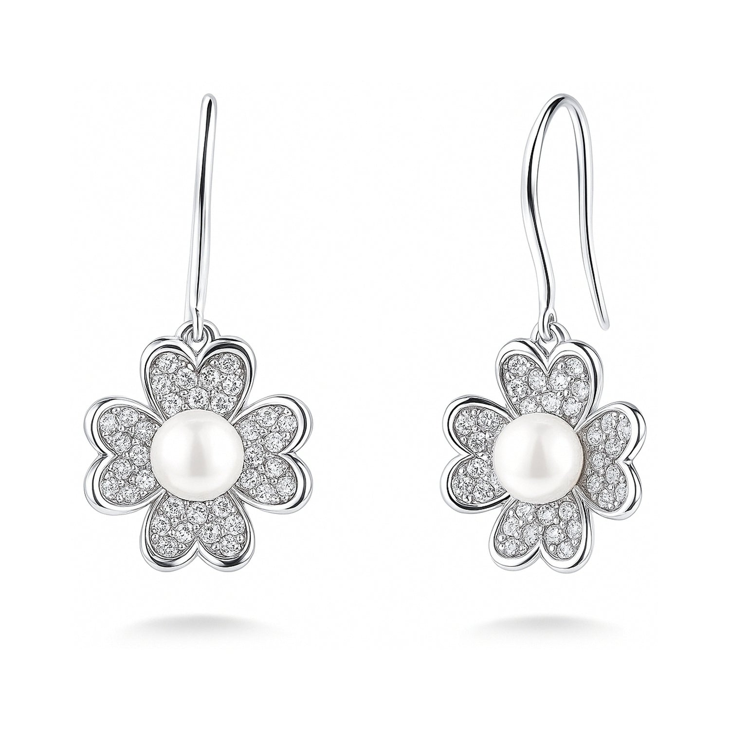 Clover Imitation Pearl Fish Hook Earrings in Sterling Silver, 1 of 3