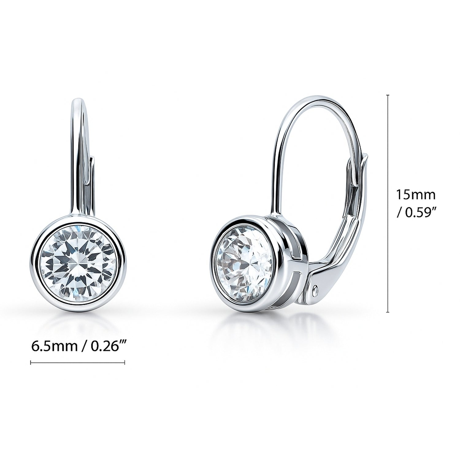 Solitaire 1.2ct Bezel CZ Leverback Earrings in Sterling Silver, Rhodium Plated