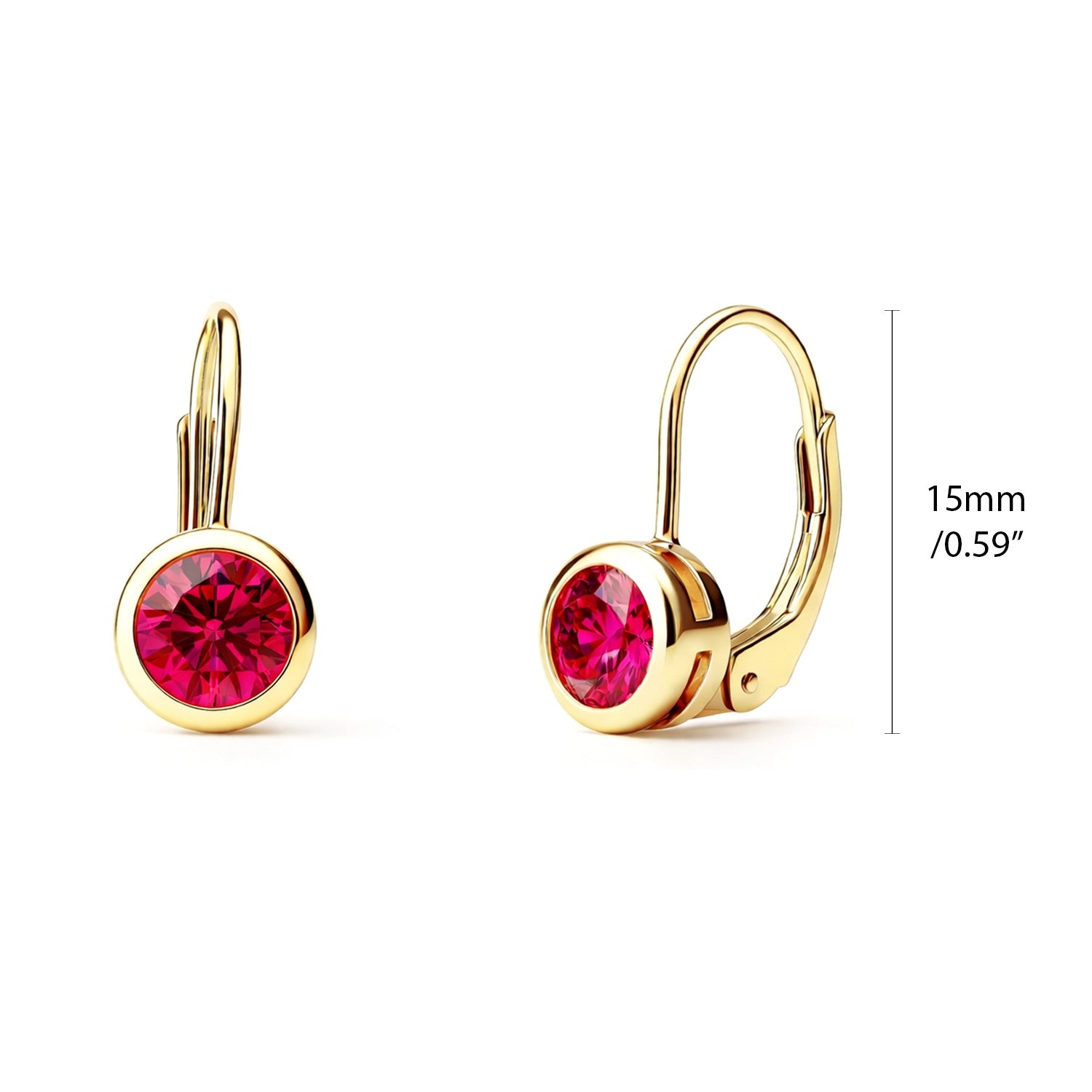 Solitaire 1.2ct Bezel CZ Leverback Earrings in Sterling Silver, Ruby, Gold Flashed