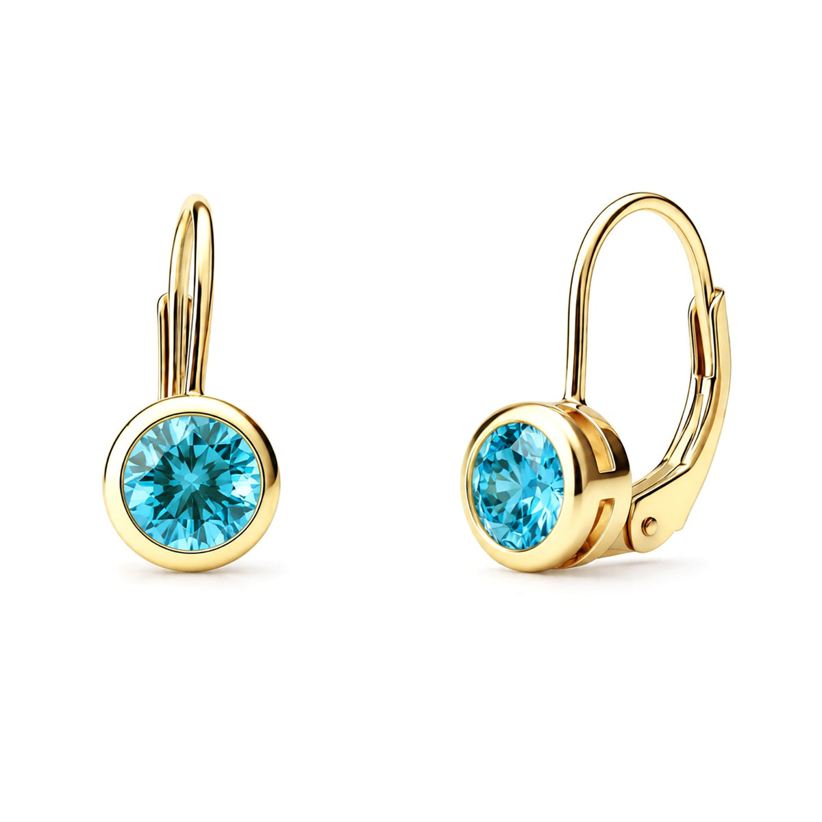 Solitaire 1.2ct Bezel CZ Earrings in Sterling Silver, Aquamarine, Gold Plated