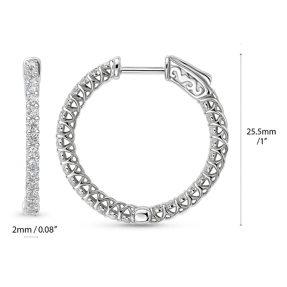 CZ Small Inside-Out Hoop Earrings in Sterling Silver 1 inch, Rhodium Plated