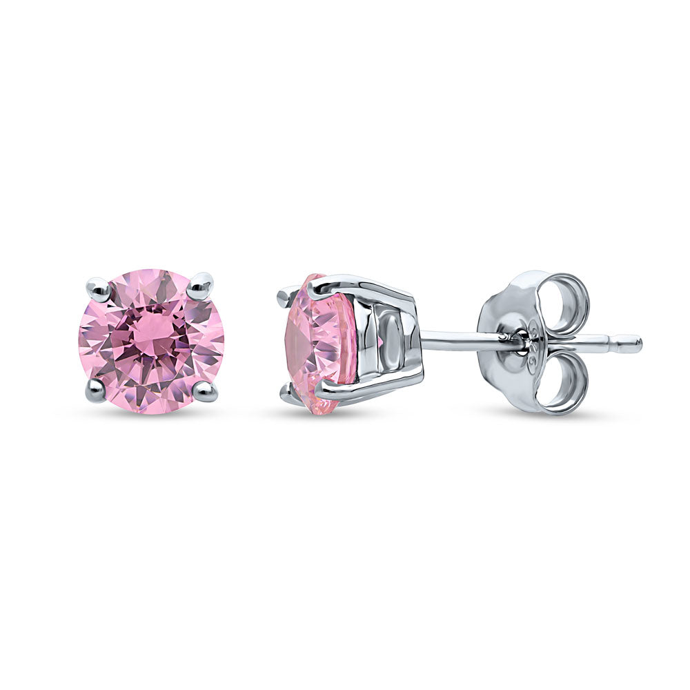 Solitaire 1.6ct CZ Stud Earrings in Sterling Silver, Rhodium Plated / Pink