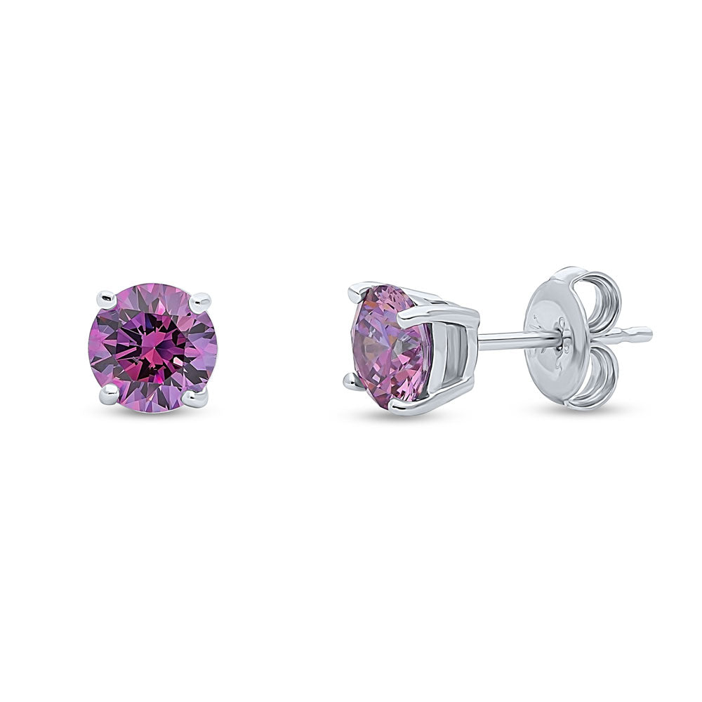 Solitaire 1.6ct CZ Stud Earrings in Sterling Silver, Rhodium Plated / Purple