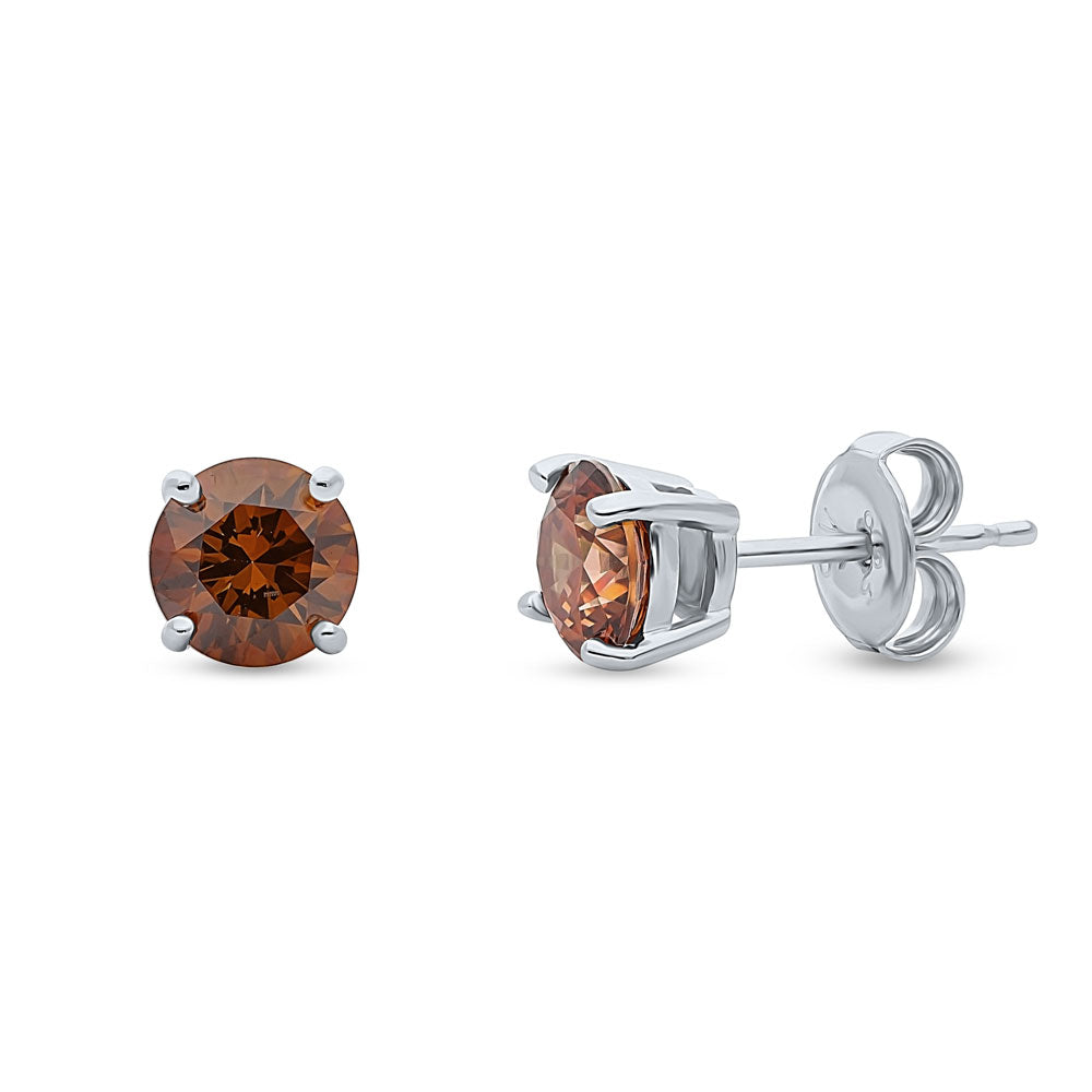 Solitaire 1.6ct CZ Stud Earrings in Sterling Silver, Rhodium Plated / Caramel