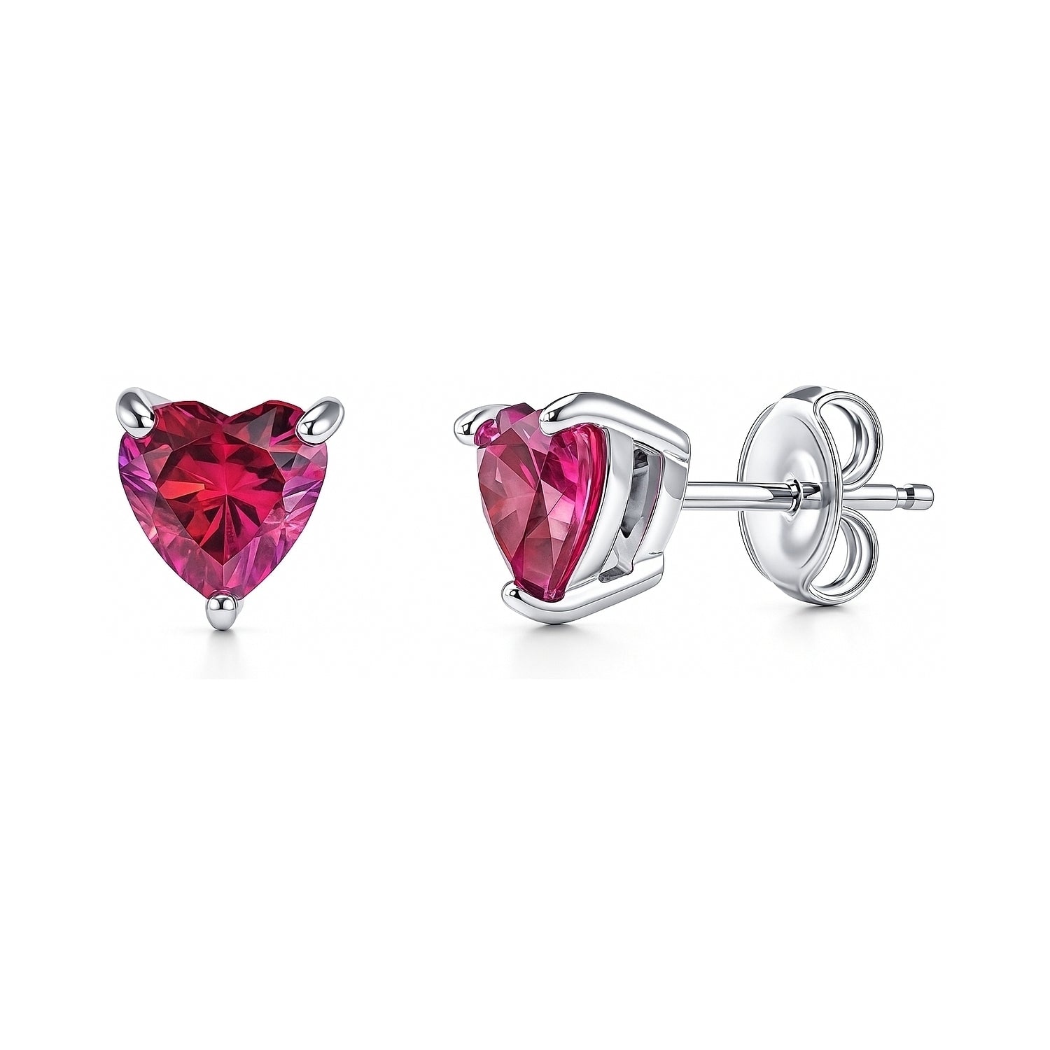 Solitaire Heart Red Heart CZ Stud Earrings in Sterling Silver