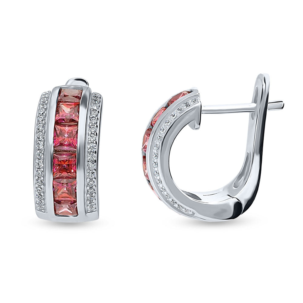 Dome CZ Medium Huggie Earrings in Sterling Silver 0.66 inch, Red