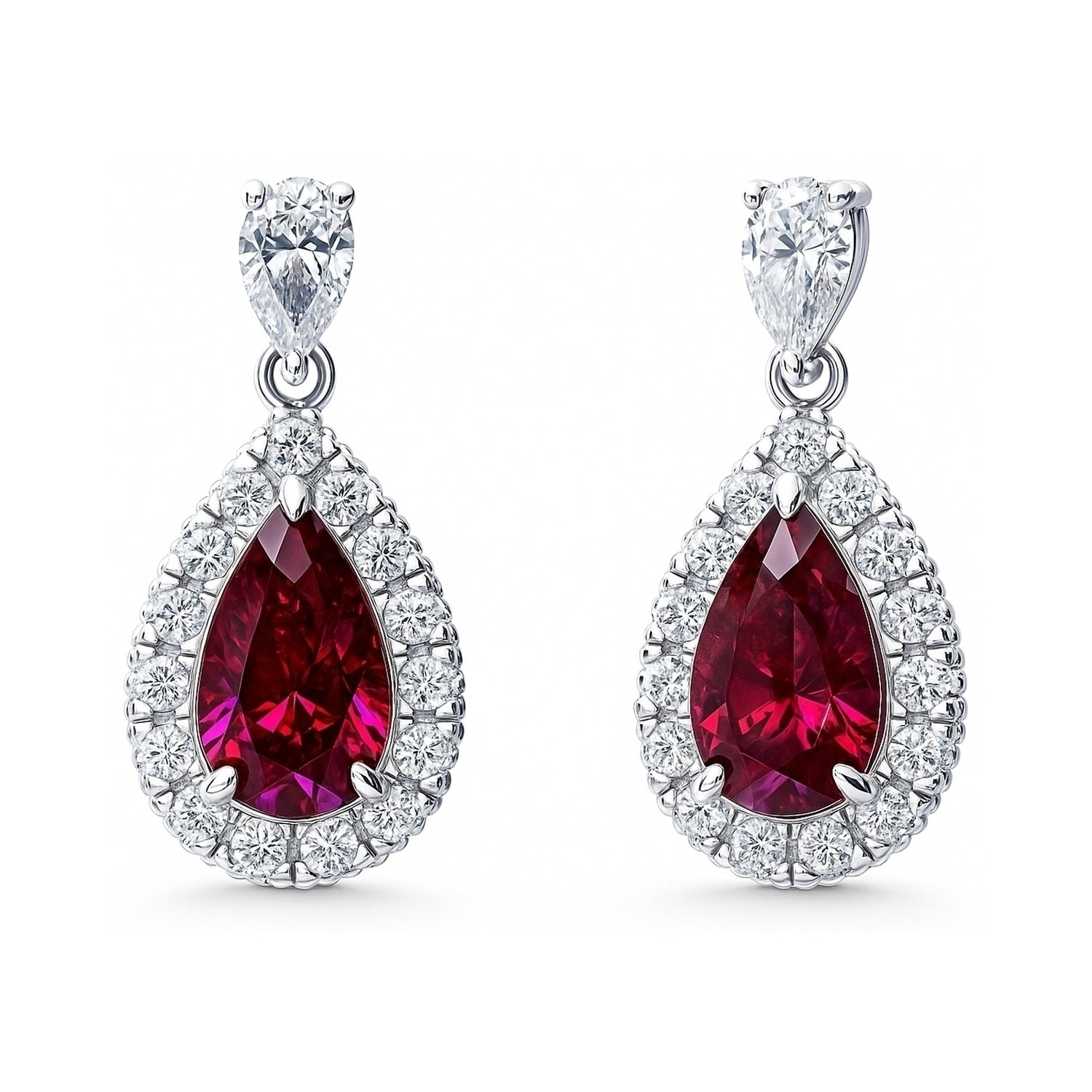 Halo Pear CZ Earrings in Sterling Silver, Red Color