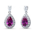 Halo Pear CZ Earrings in Sterling Silver, Purple Color