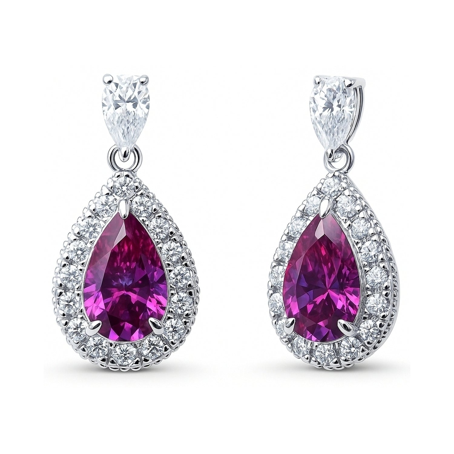 Halo Pear CZ Earrings in Sterling Silver, Purple Color