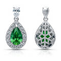 Halo Pear CZ Earrings in Sterling Silver, Green Color