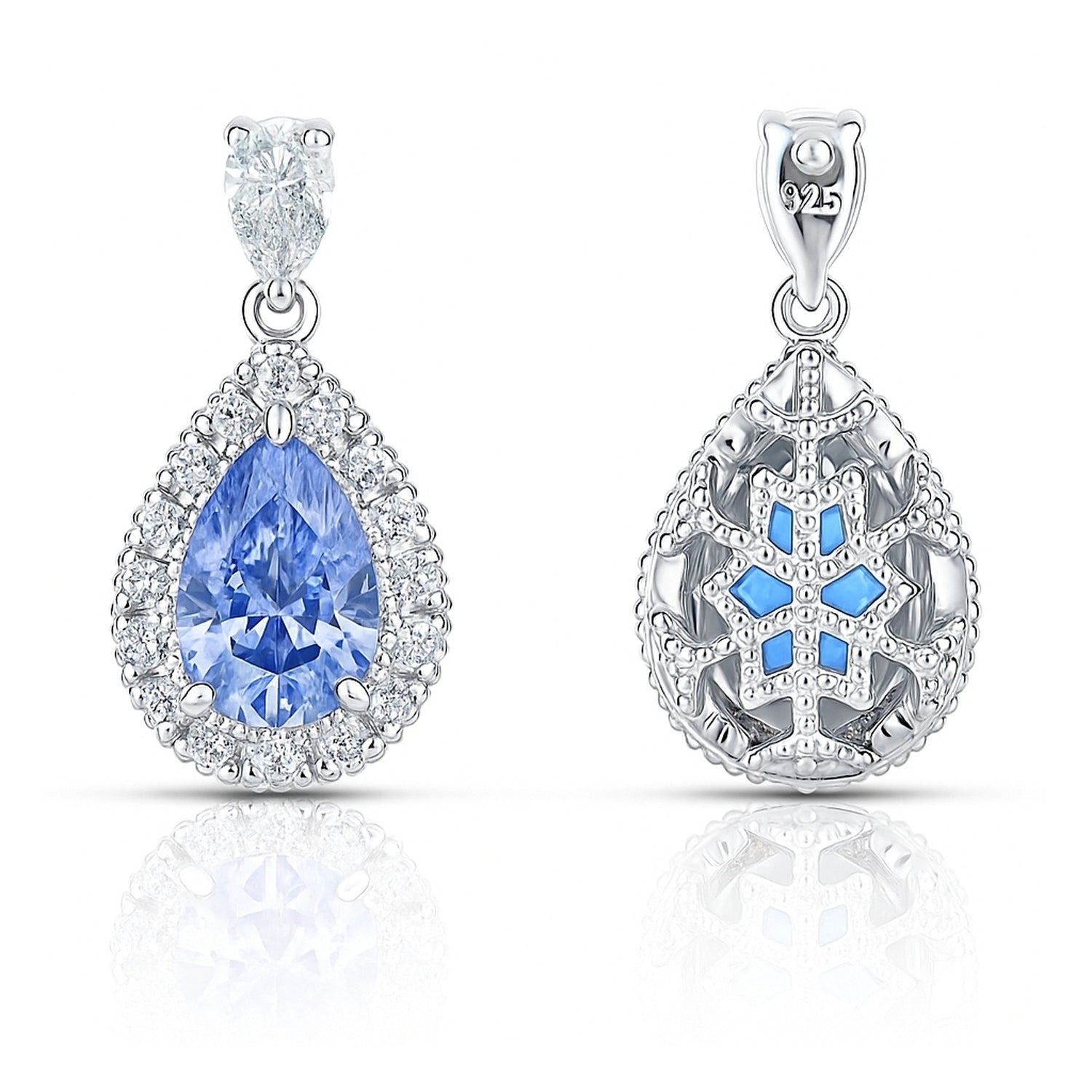 Halo Pear CZ Earrings in Sterling Silver, Blue Color