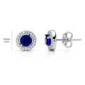 Halo CZ Stud Earrings in Sterling Silver, Sapphire Color