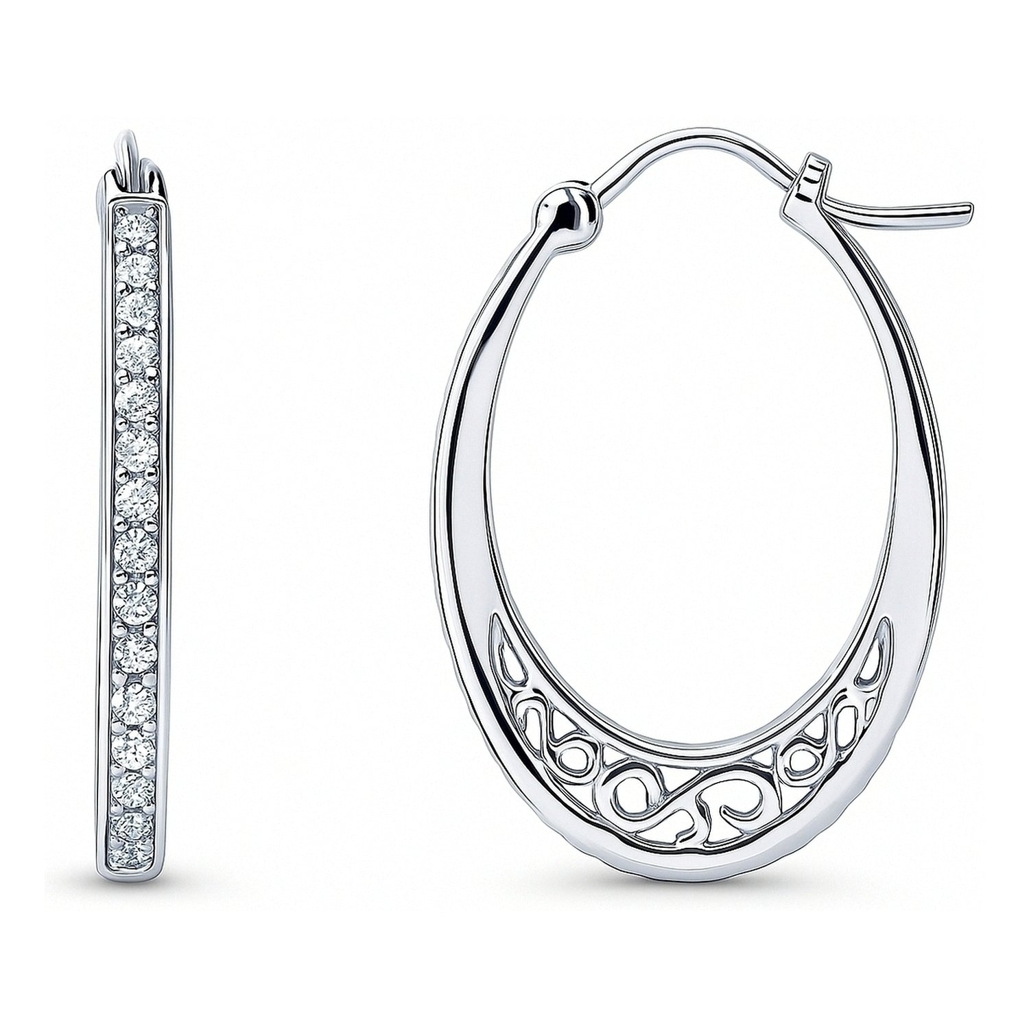 Oval Bar Filigree CZ Small Hoop Earrings in Sterling Silver 1 inch, 1 of 4