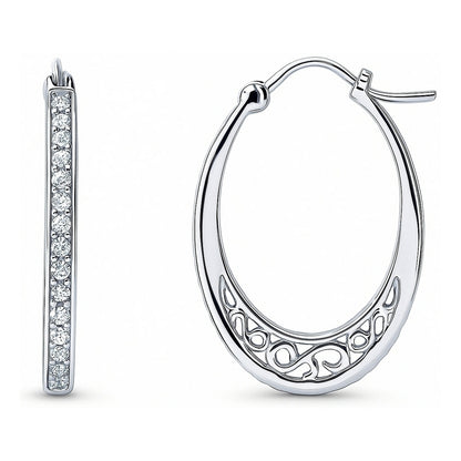 Oval Bar Filigree CZ Small Hoop Earrings in Sterling Silver 1"