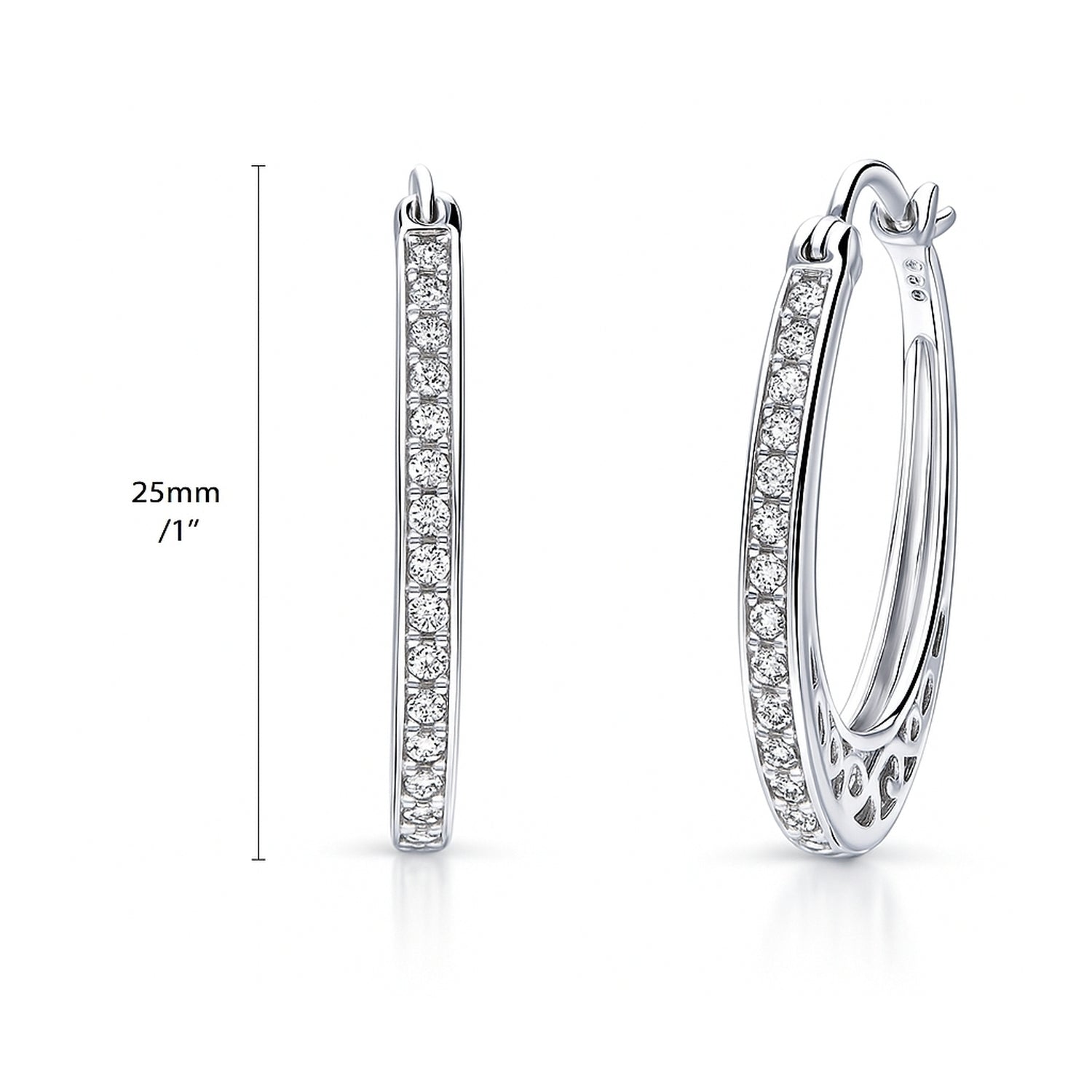 Oval Bar Filigree CZ Small Hoop Earrings in Sterling Silver 1"
