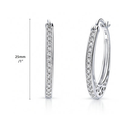 Oval Bar Filigree CZ Small Hoop Earrings in Sterling Silver 1"