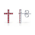 Cross CZ Stud Earrings in Sterling Silver, Red Color