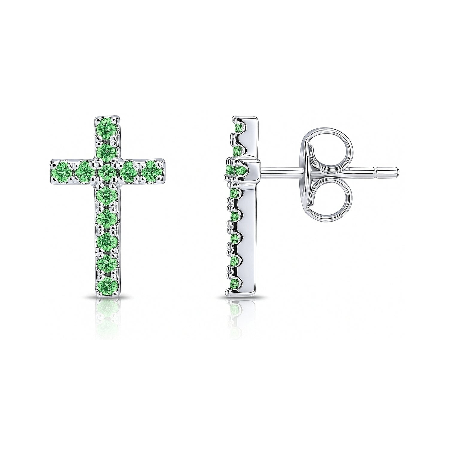 Cross CZ Stud Earrings in Sterling Silver, Green Color