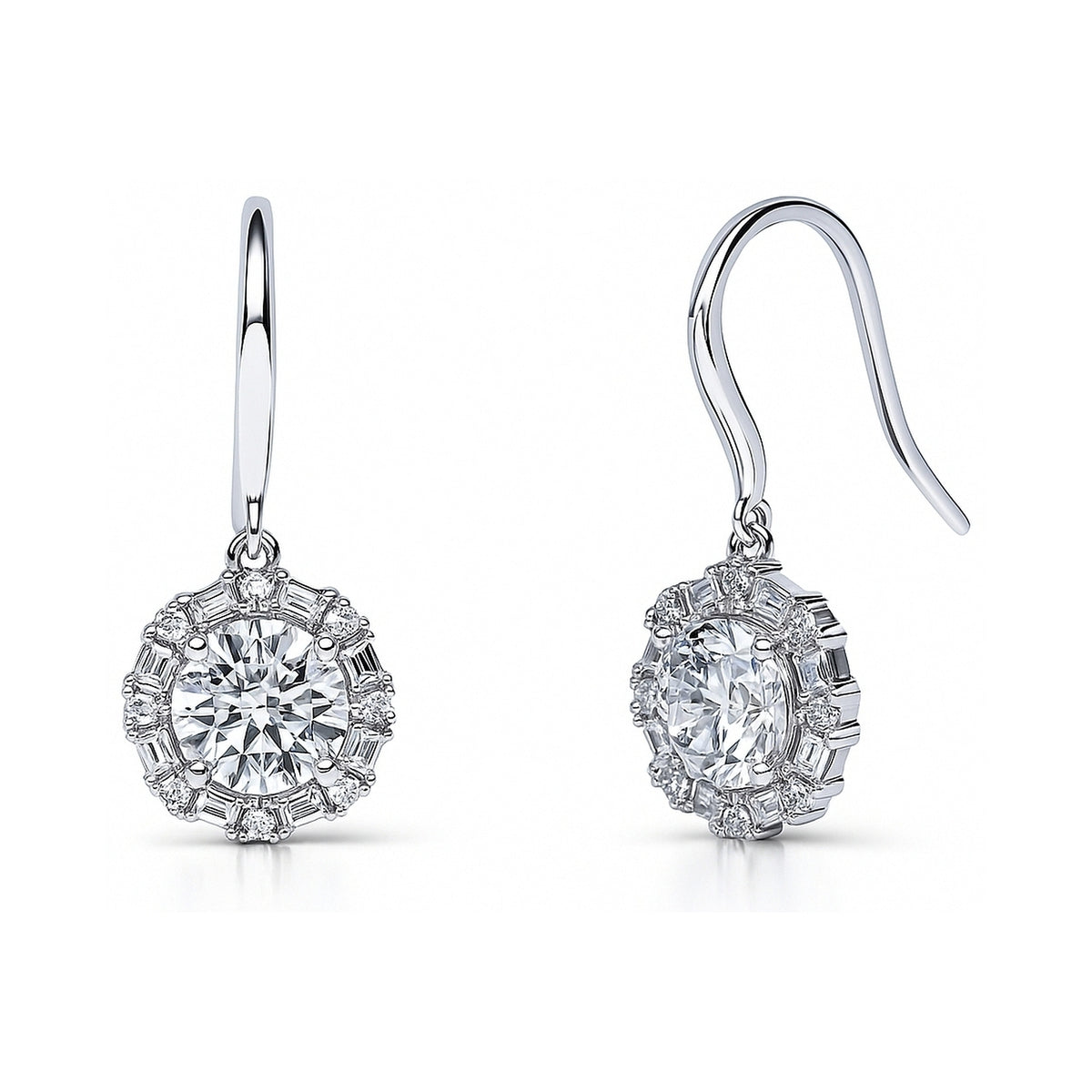Halo Art Deco CZ Fish Hook Earrings in Sterling Silver, 1 of 5
