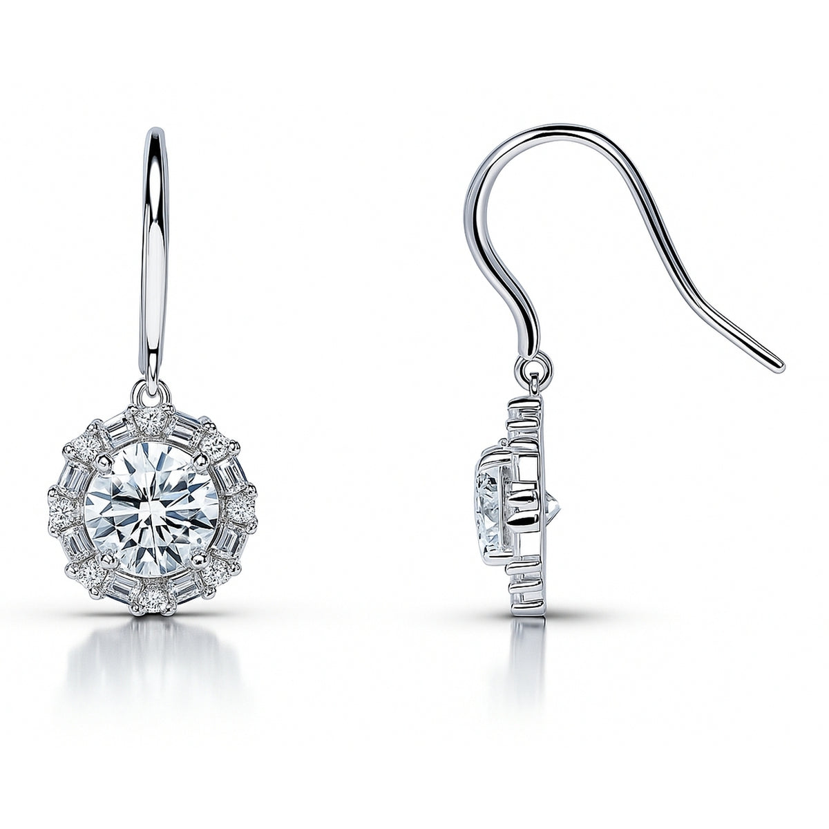 Halo Art Deco CZ Fish Hook Earrings in Sterling Silver, 4 of 5
