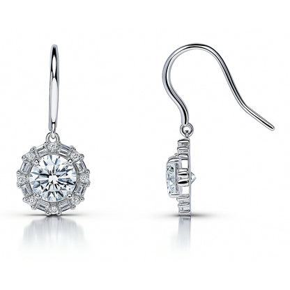 Halo Art Deco CZ Fish Hook Earrings in Sterling Silver