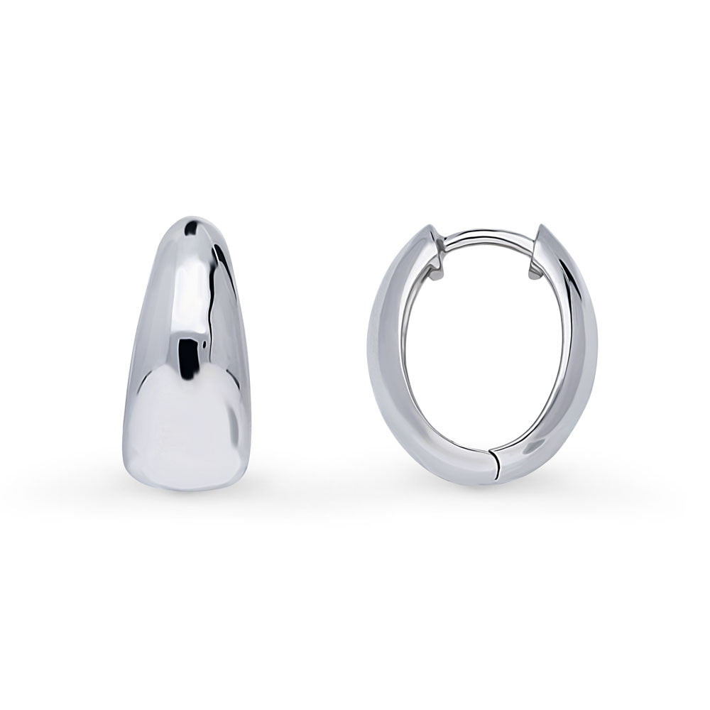 Oval Dome Medium Huggie Earrings in Sterling Silver 0.63 inch, Rhodium Plated