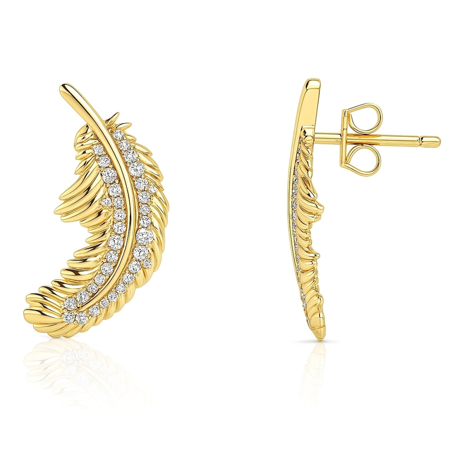 Feather CZ Stud Earrings in Sterling Silver, Yellow Gold Flashed