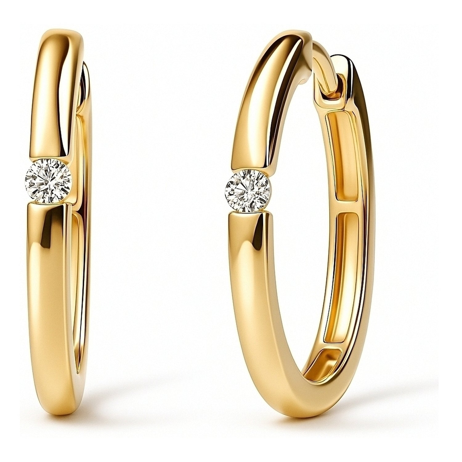 Solitaire CZ Small Hoop Earrings in Gold Flashed Sterling Silver, 0.8 inch