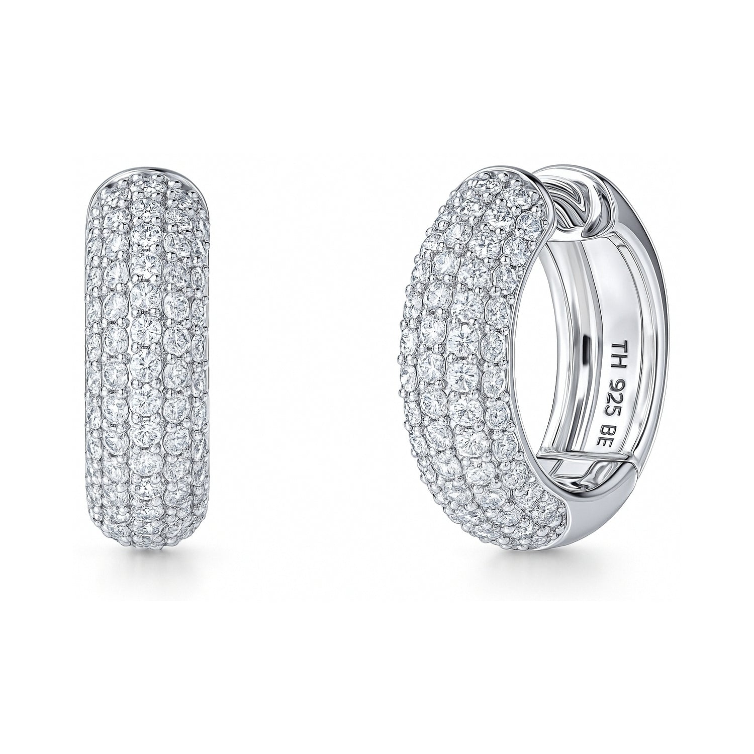 Dome CZ Small Hoop Earrings in Sterling Silver, 0.82 inch