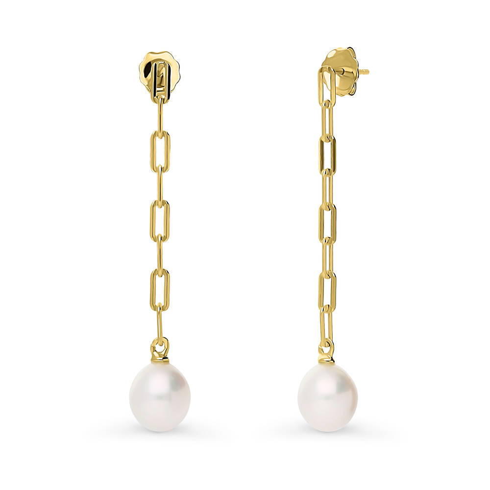 Solitaire Oval Cultured Pearl Earrings in Sterling Silver, Yellow Gold Flashed