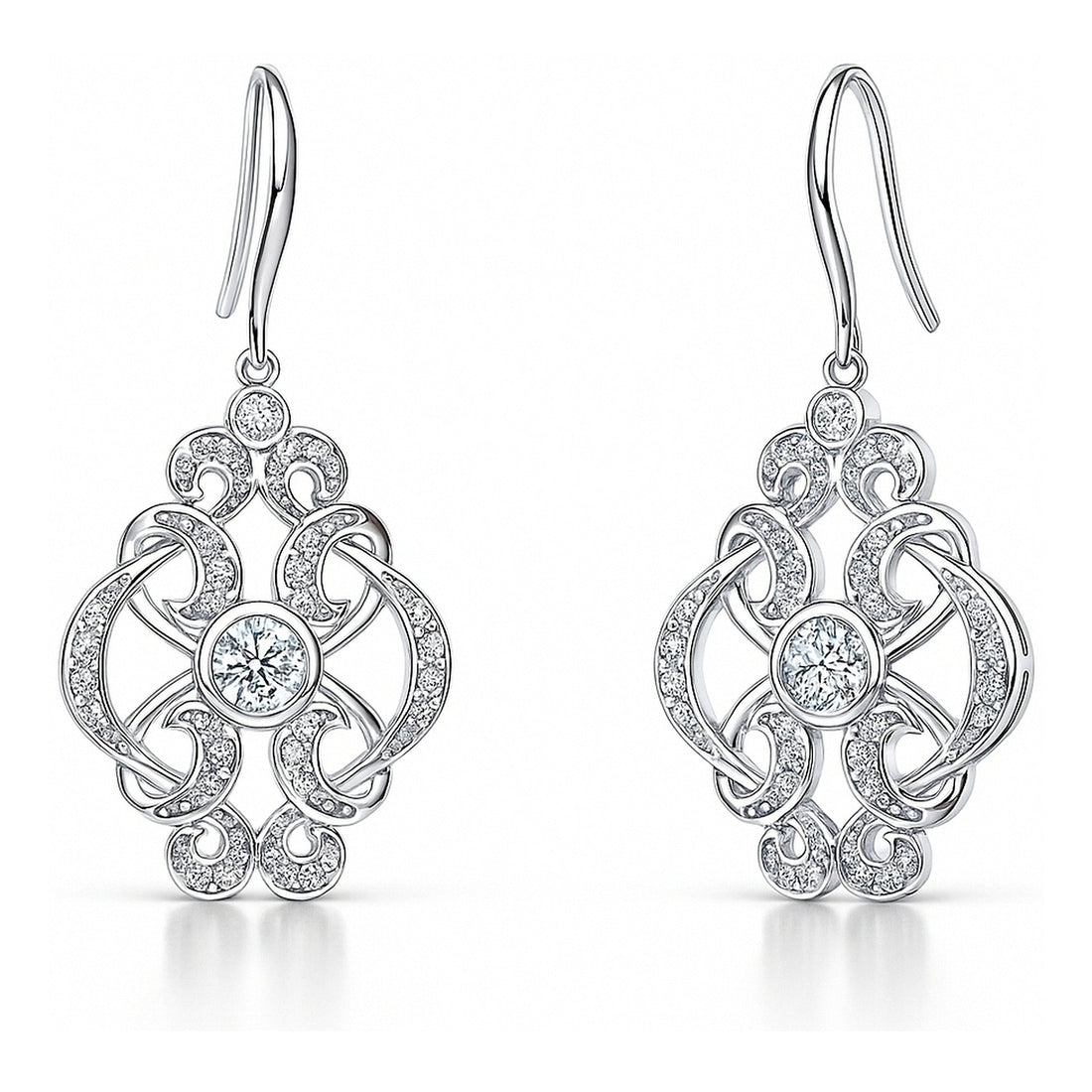 Flower Art Deco CZ Fish Hook Earrings in Sterling Silver