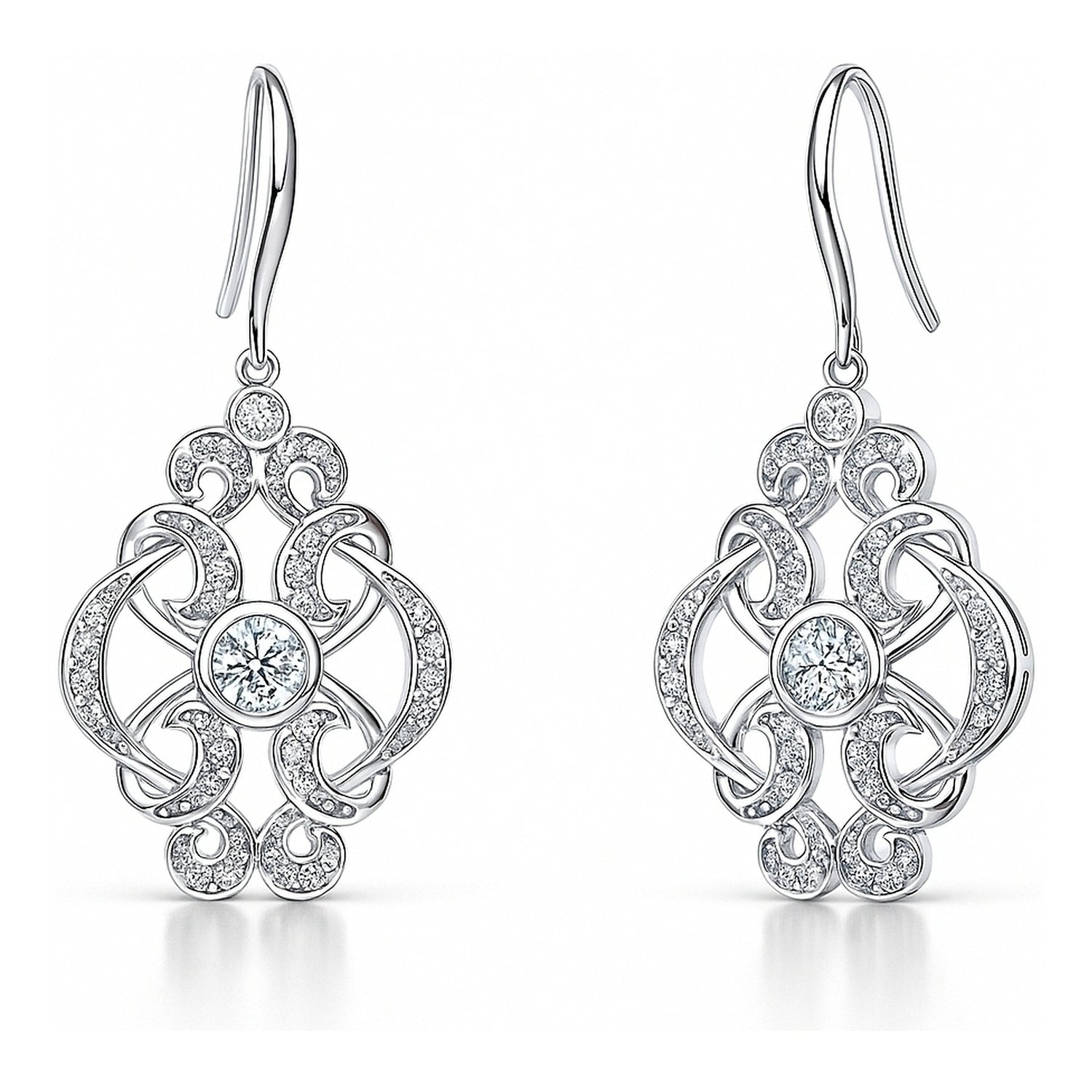 Flower Art Deco CZ Fish Hook Earrings in Sterling Silver, 1 of 3
