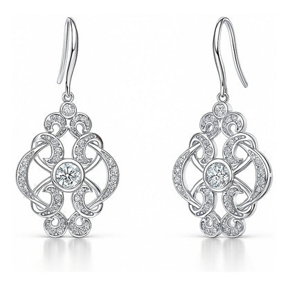 Flower Art Deco CZ Fish Hook Earrings in Sterling Silver