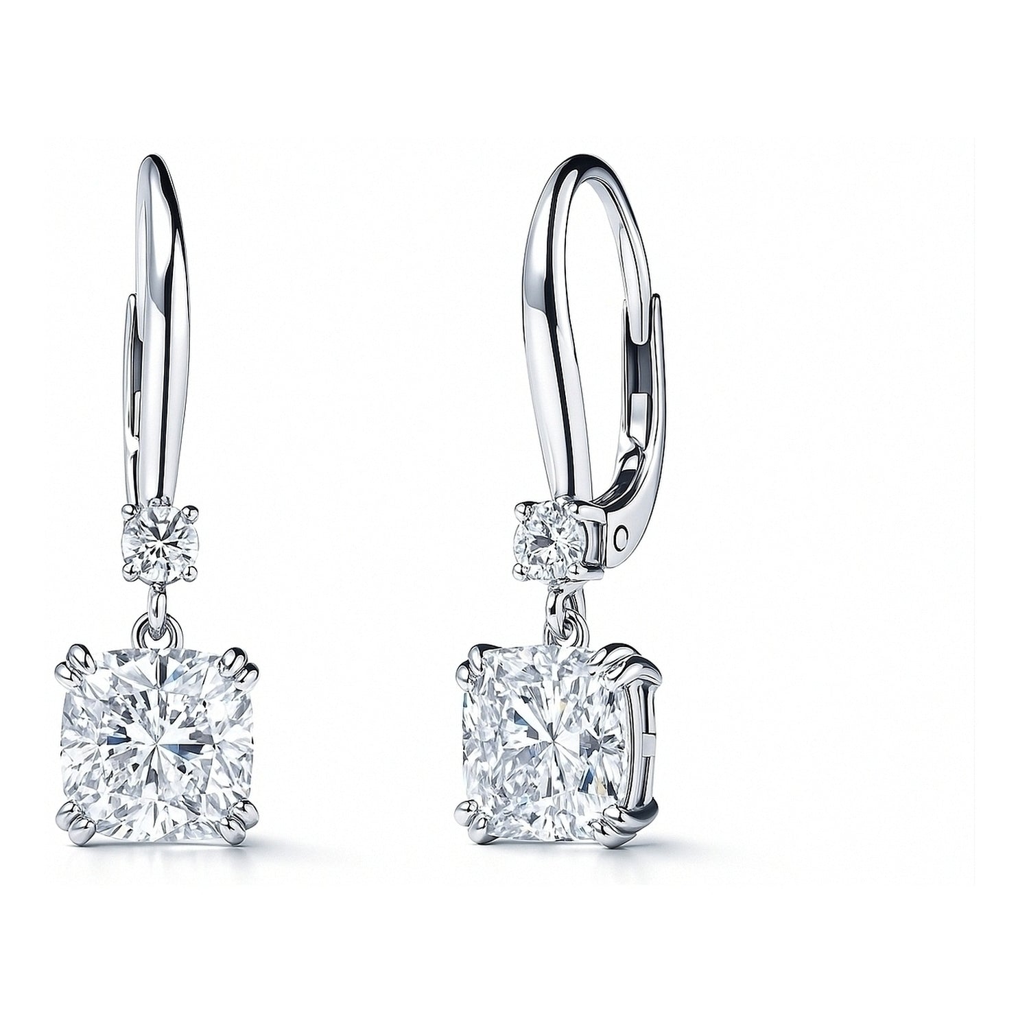 Solitaire 4ct Cushion CZ Leverback Earrings in Sterling Silver, 1 of 4