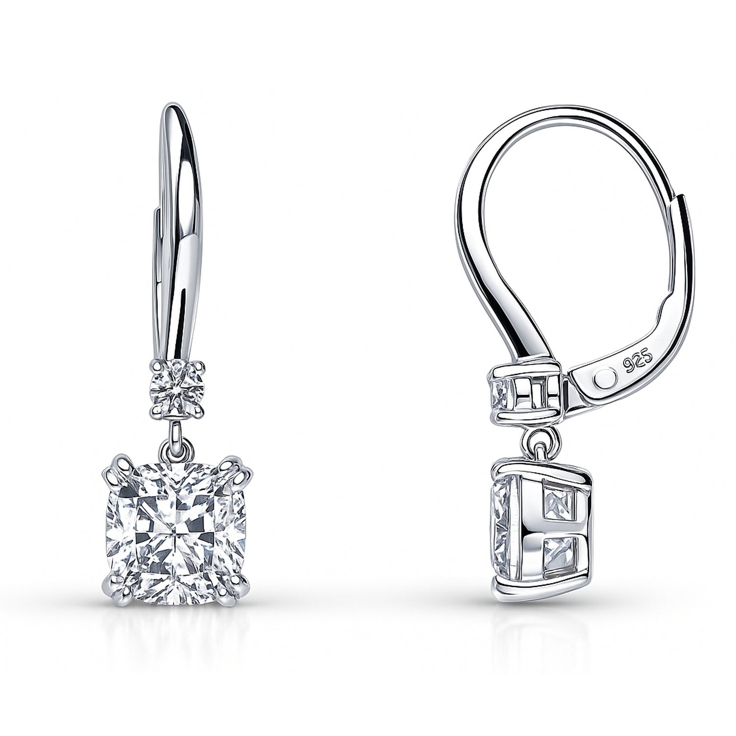 Solitaire 4ct Cushion CZ Leverback Earrings in Sterling Silver, 4 of 4