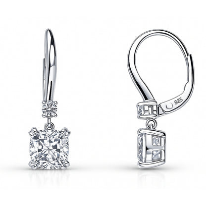 Solitaire 4ct Cushion CZ Leverback Earrings in Sterling Silver