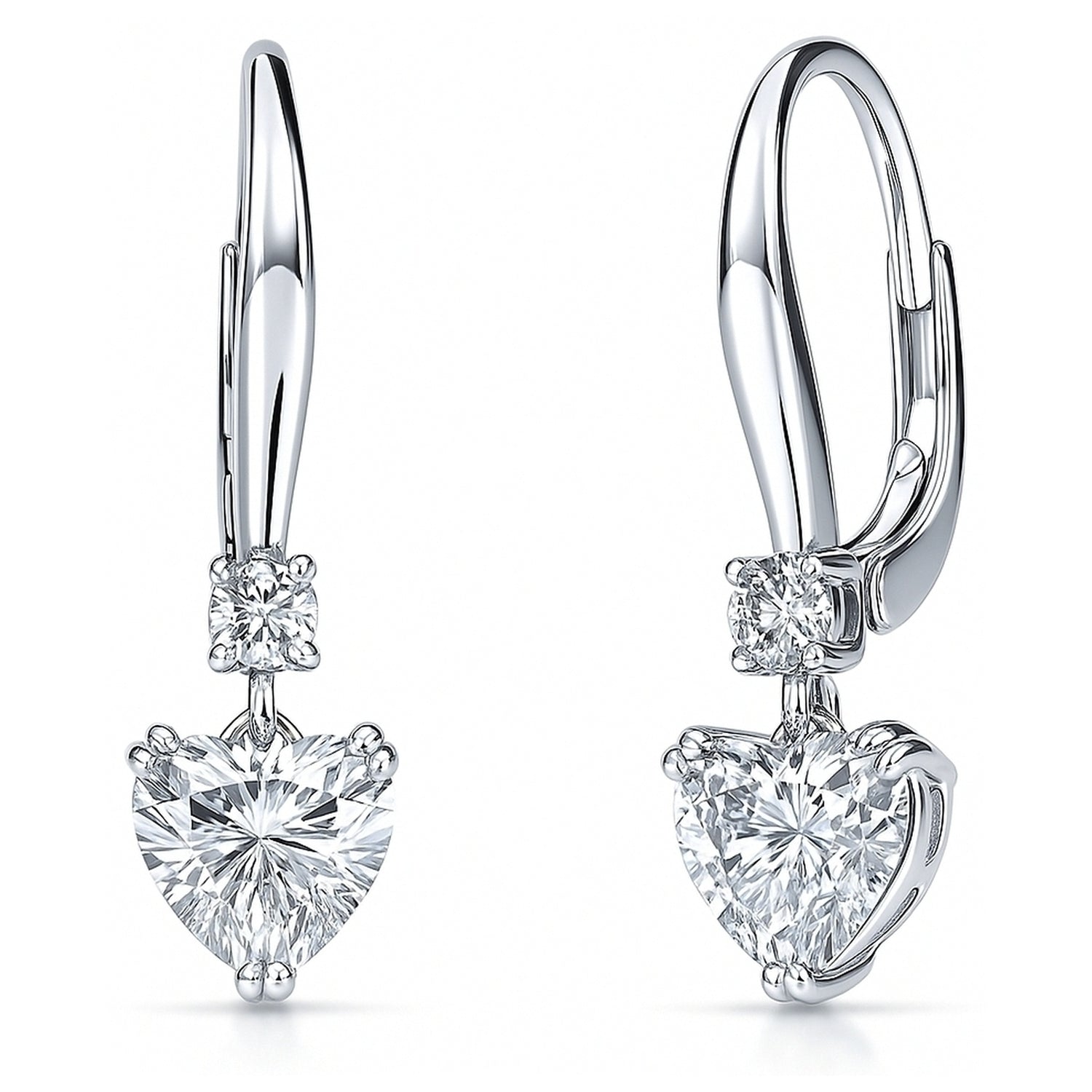 Solitaire 2.2ct Heart CZ Leverback Earrings in Sterling Silver, 1 of 4