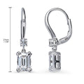 Angle view of Solitaire Emerald Cut CZ Leverback Earrings in Sterling Silver, Rhodium Plated