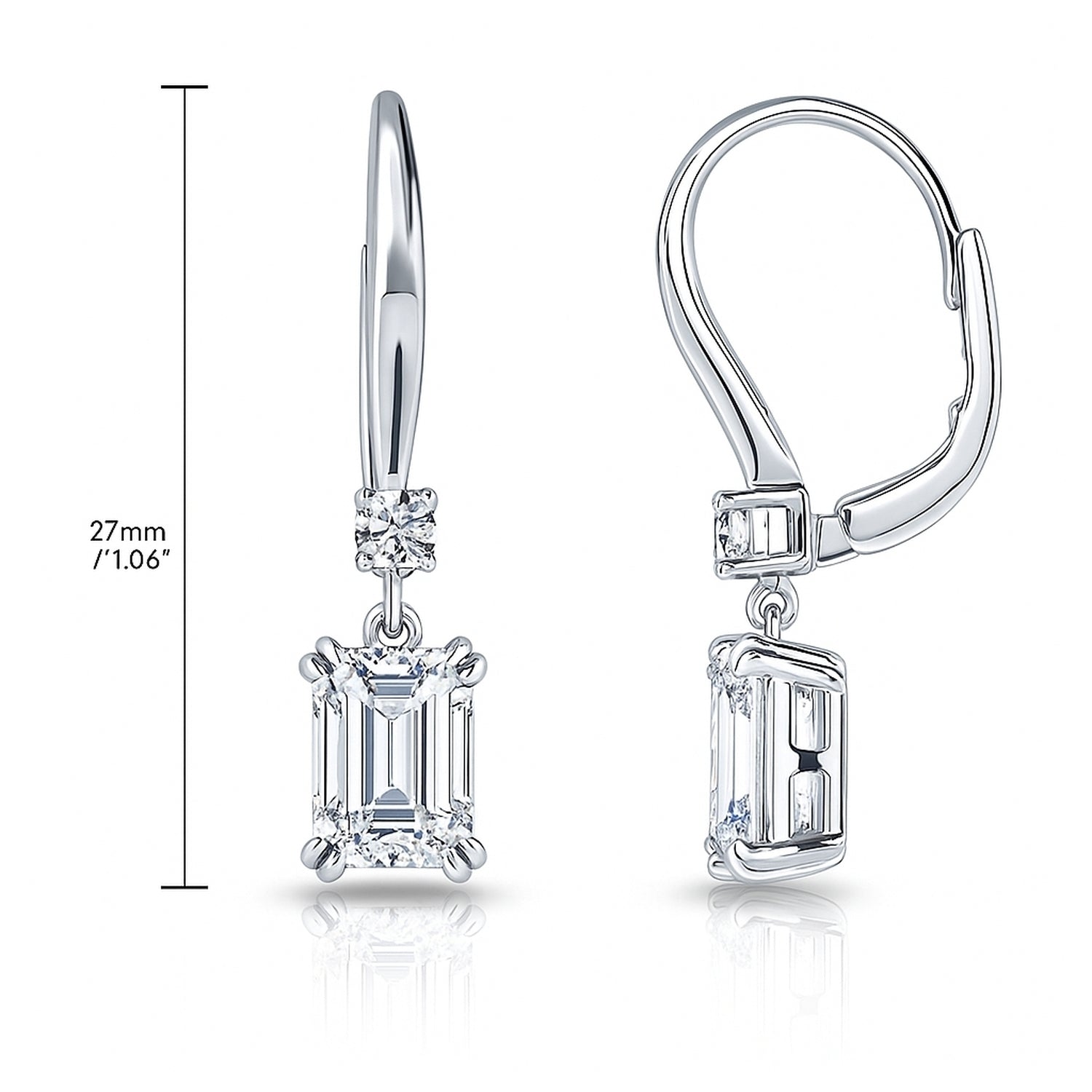 Solitaire Emerald Cut CZ Leverback Earrings in Sterling Silver, Rhodium Plated