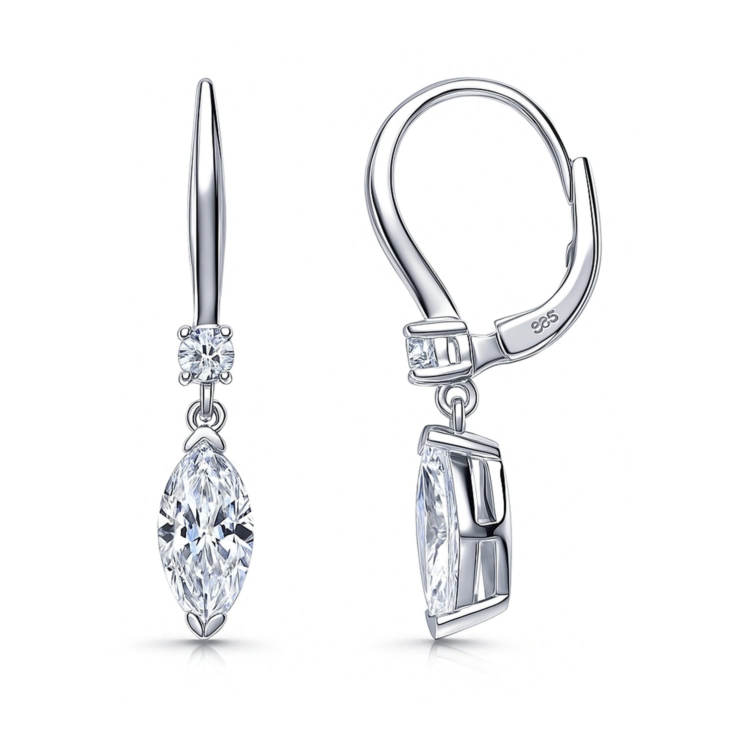 Solitaire 2ct Marquise CZ Leverback Earrings in Sterling Silver, 4 of 5