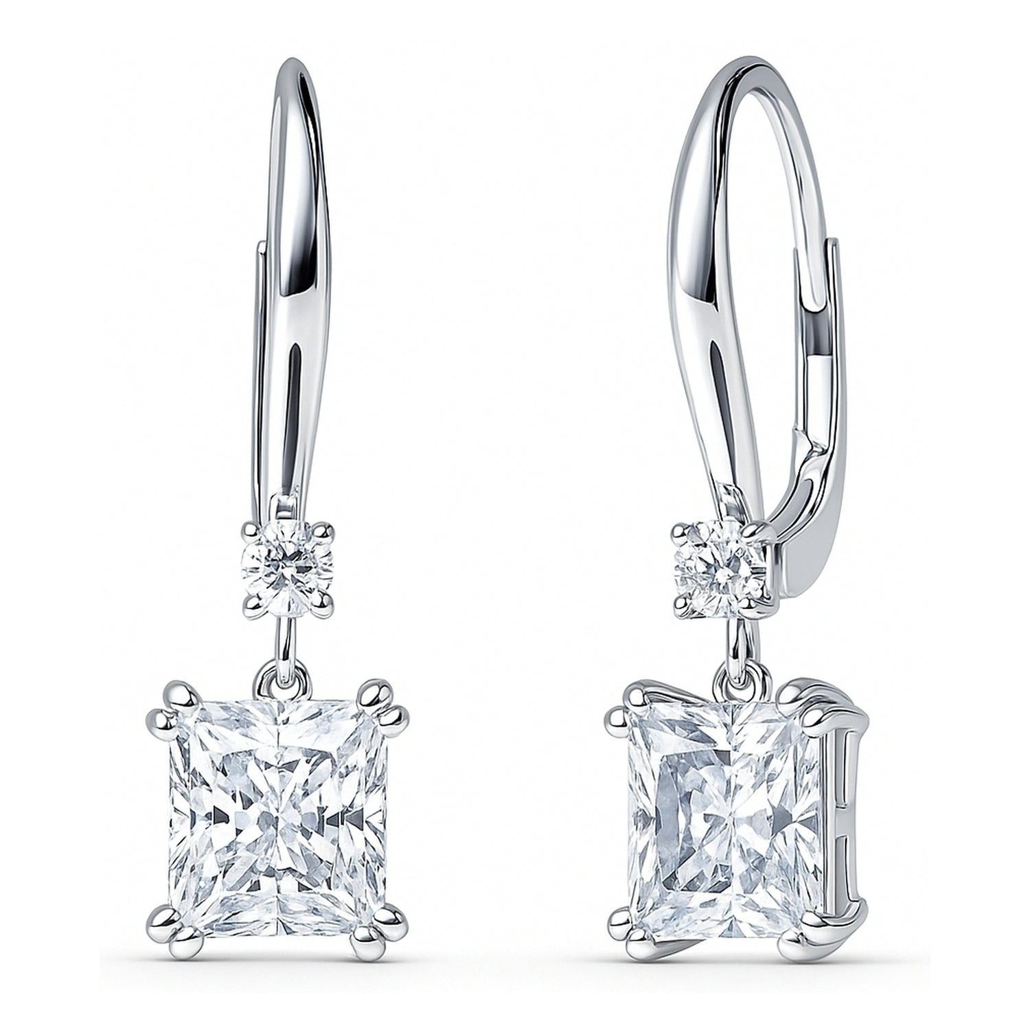 Solitaire 3.2ct Princess CZ Leverback Earrings in Sterling Silver