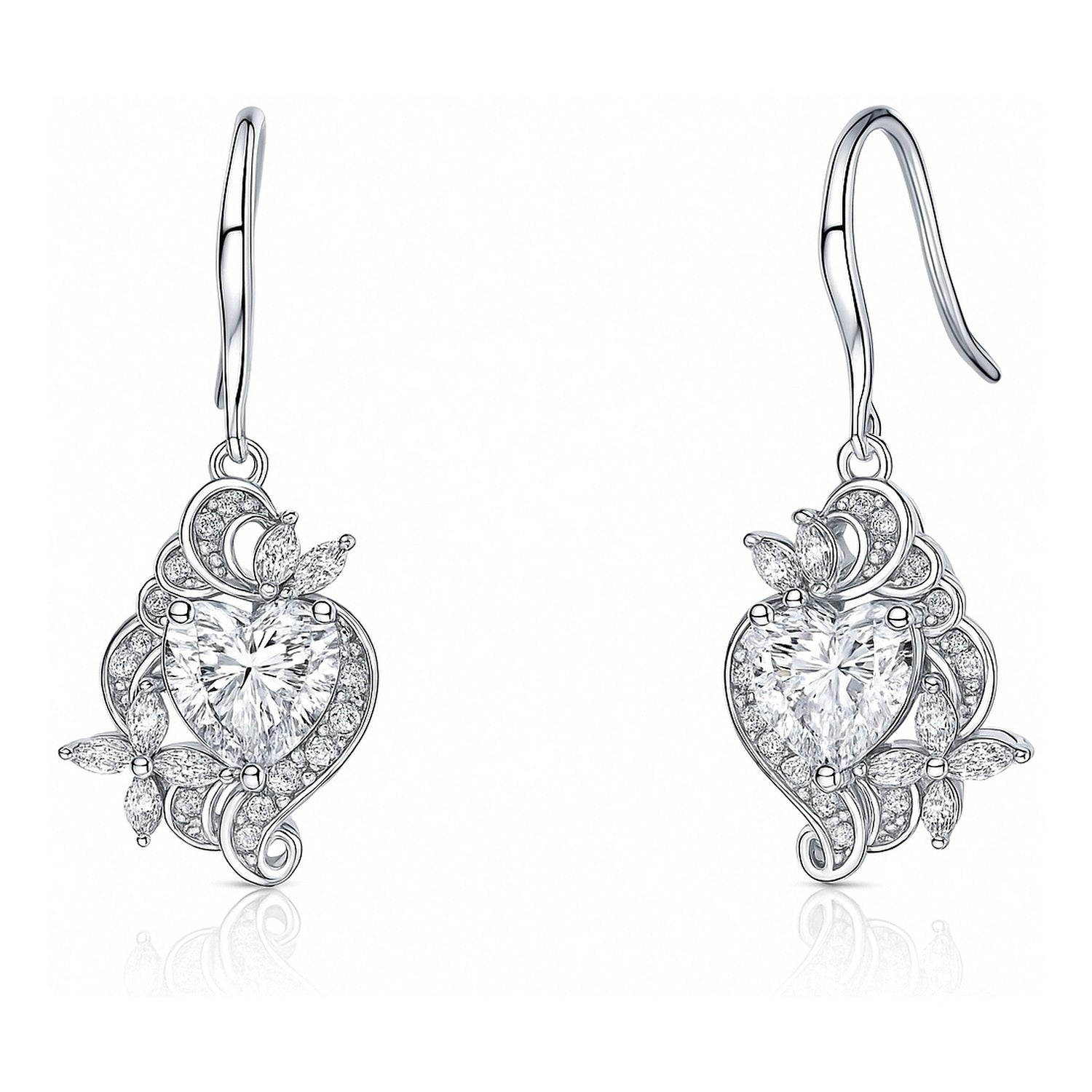 Heart Flower CZ Fish Hook Earrings in Sterling Silver, Clear Color