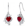Heart Flower CZ Fish Hook Earrings in Sterling Silver, Ruby Color