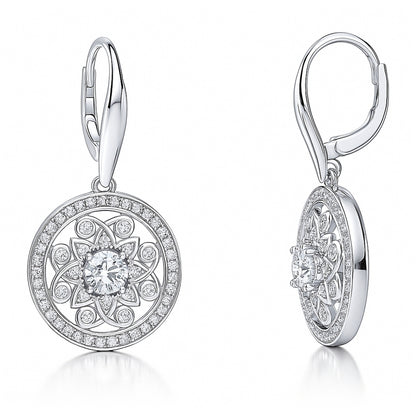 Flower Filigree CZ Leverback Earrings in Sterling Silver