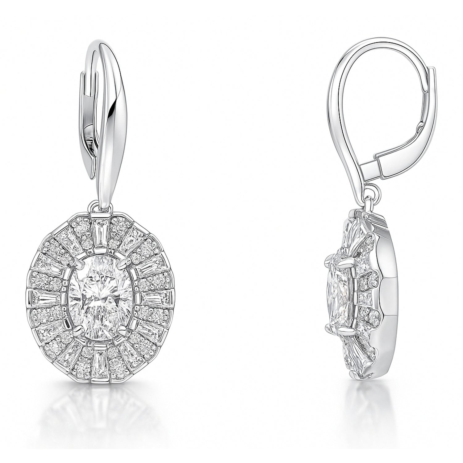 Halo Art Deco Oval CZ Leverback Earrings in Sterling Silver