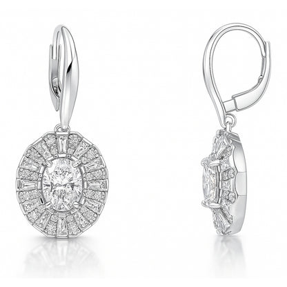 Halo Art Deco Oval CZ Leverback Earrings in Sterling Silver