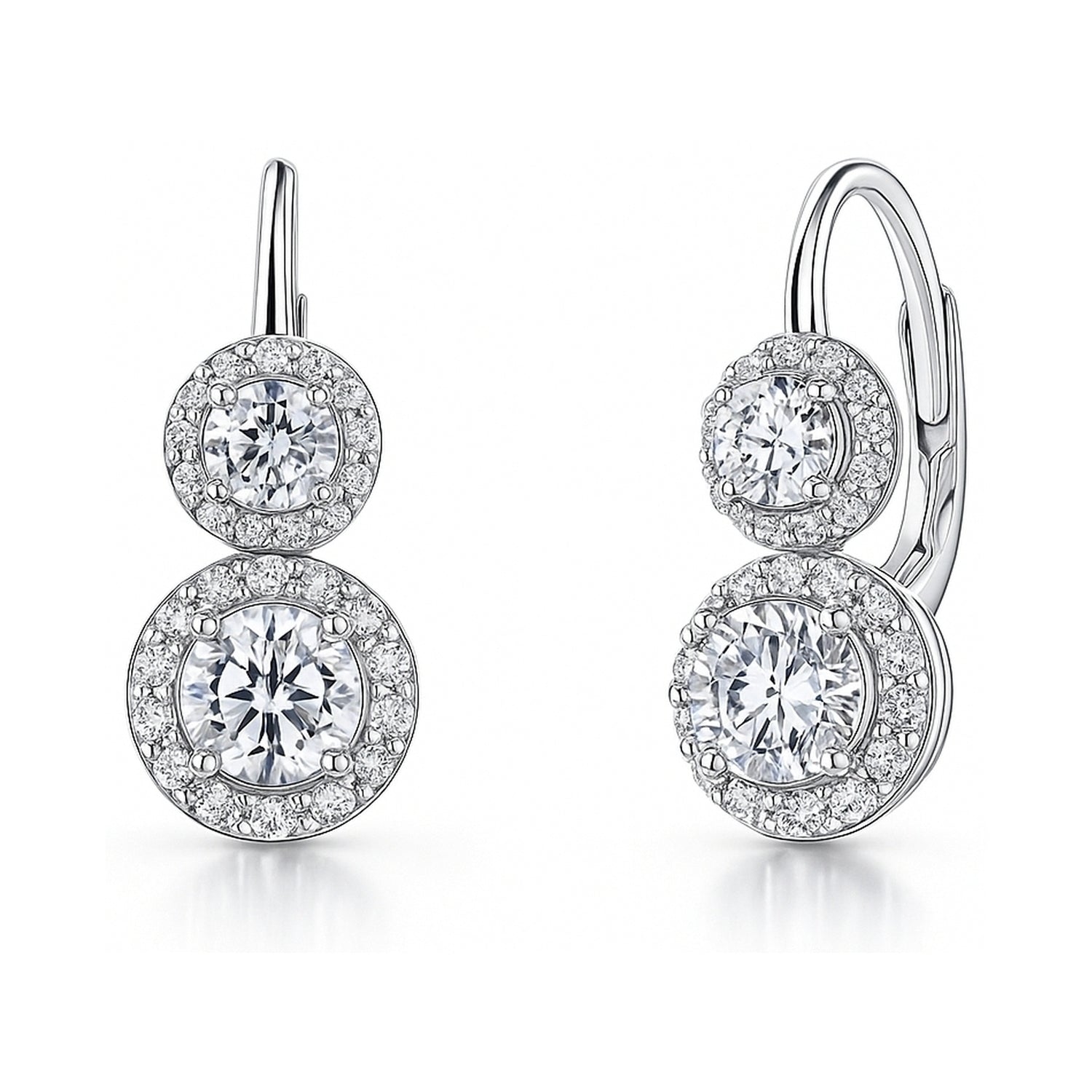 Halo 2-Stone CZ Leverback Earrings in Sterling Silver