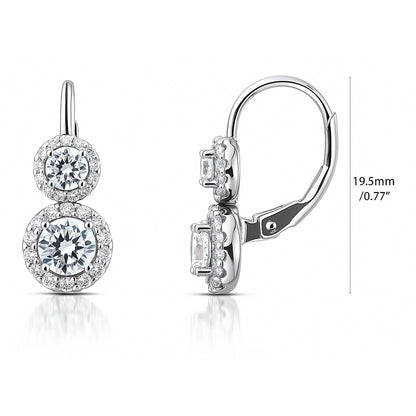 Halo 2-Stone CZ Leverback Earrings in Sterling Silver