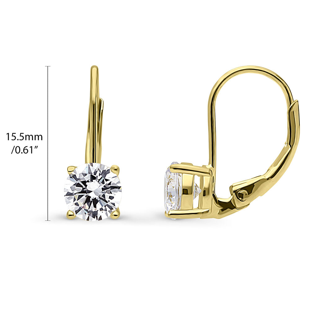 Front view of Solitaire CZ Leverback Earrings in Gold Flashed Sterling Silver, 6mm